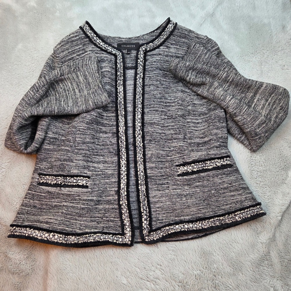 Talbots Open Front Knit Blazer Womens Medium Gray Black Tweed Texture Cardigan
